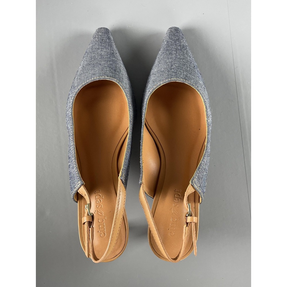 Cinq a Sept Shoes Womens Size 37 Blue Denim Slingback Pointed Toe Kitten Heels - Picture 2 of 14